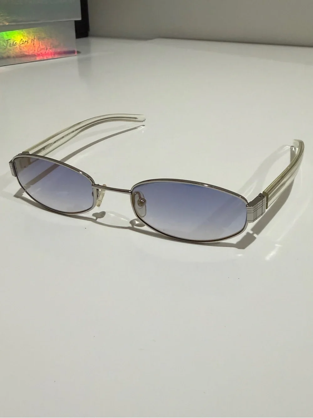 Vintage Burberry B 8970 Oval Custom Blue Lens Sunglasses Silver Nova Check Clear